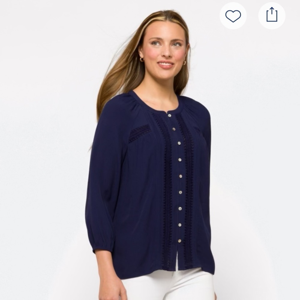 Daniel Rainn Navy Blue Lace Detail Buttons Long Sleeve Blouse in Size Large